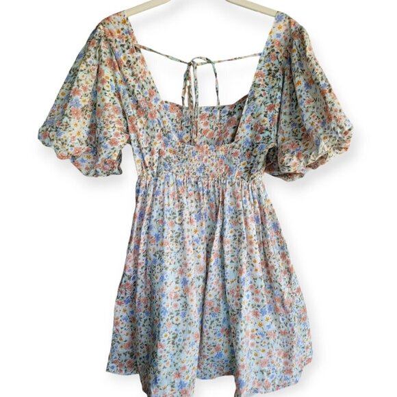Romantic Pastel Floral Puff Sleeve Mini Dress by Mable - Picture 3 of 12